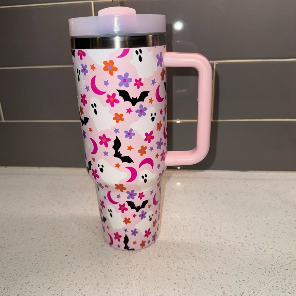 40 Oz Tumbler Pink Halloween Ghost Travel Mug - Picture 2 of 3